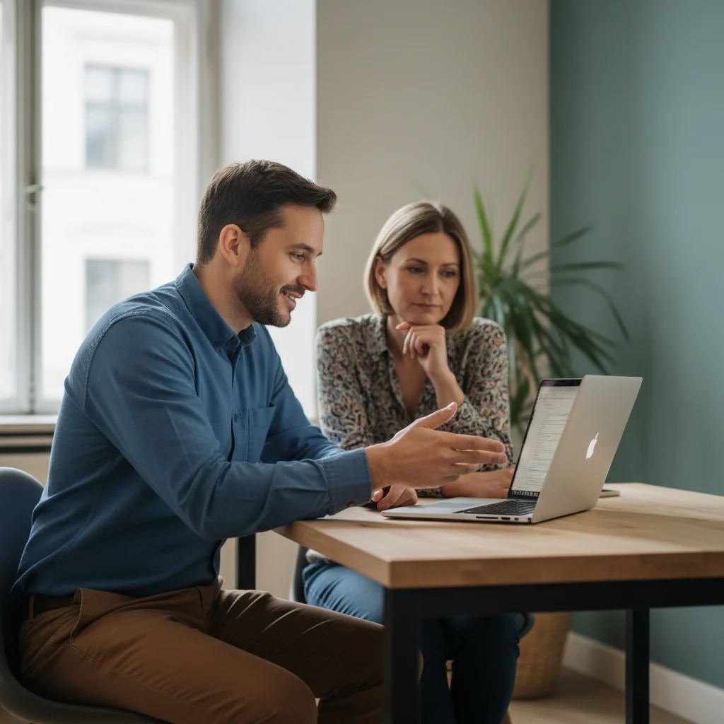 Developer helping a small business owner at a laptop